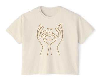 Women's Boxy Tee - Minimalist Hands Graphic, Relaxed Summer Top, Casual Streetwear, Gift for Her, Everyday Wear, Cute Tee