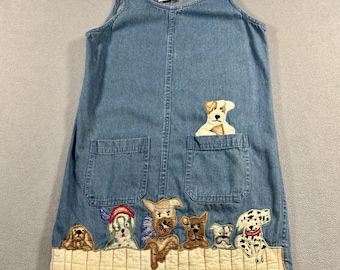 Vestido/mono vaquero vintage de los 90 de Take Two para niñas, bordado de perro, talla L