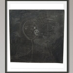 May include: A black and white abstract drawing of a person with a camera, a wheel, and other geometric shapes. The drawing is done in a minimalist style with a focus on line work.
