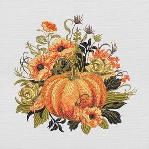 Pumpkin Floral Embroidery Design, Fall Harvest Orange Pumpkin with Flowers File for Machine Embroidery, Instant Download, PES DST File
