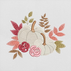 White Pumpkin Embroidery Design, Floral Autumn Pumpkin with Fall Leaves File for Machine Embroidery, Instant Download, PES DST File
