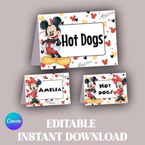 Cartes d'anniversaire modifiables Mickey et Minnie Mouse, marque-places, étiquettes d'aliments