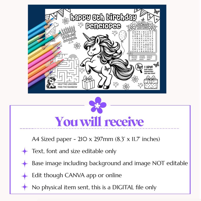 Unicorn Coloring Page Placemat Editable Text - Etsy