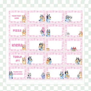 May include: Pink place cards with cartoon dog characters and text. The cards have a floral pattern and include text such as "Your Text Here", "Pizza", "Kiera", "Table #1", and "Thank You For Coming".