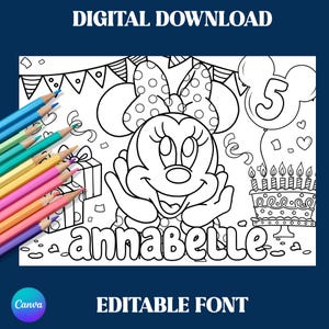 Minnie Mouse Coloring Page Placemat Editable Text, Colouring Birthday Page