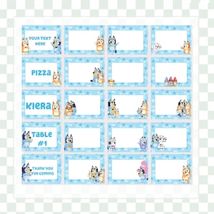 May include: A sheet of light blue rectangular cards with white borders and cartoon character illustrations. Some cards have text like "YOUR TEXT HERE", "PIZZA", "KIERA", "TABLE #1", and "THANK YOU FOR COMING".