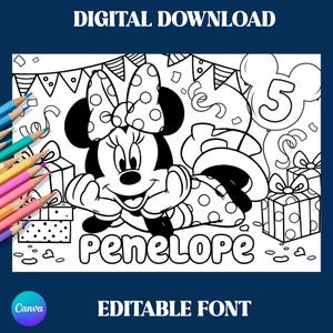 Minnie Mouse Coloring Page Placemat Editable Text, Colouring Birthday Page