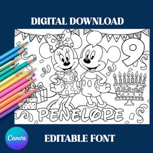 Mickey and Minnie Mouse Coloring Page Placemat Editable Text, Colouring Birthday Page