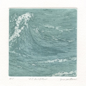 Original etching of a wave, Pacific Ocean