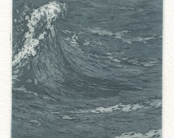 Original etching of a wave, Pacific Ocean