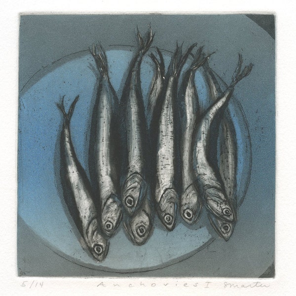 Anchovies, Original Etching of Fish, Blue Version, gift for foodie or fisherman