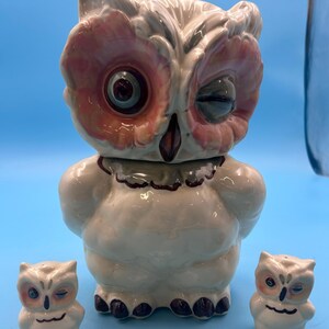 May include: A ceramic owl cookie jar featuring a white body with pink accents around the eyes and a dark brown beak and feet. The owl has one open eye and one winking eye. Two smaller matching owl salt and pepper shakers stand on either side.