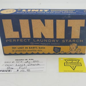 May include: A vintage blue and tan cardboard box of Linit Perfect Laundry Starch. The front features the text Linit, Perfect Laundry Starch, Corn Products Company, and Try Linit in baby's bath to protect his sensitive skin, with a baby illustration.