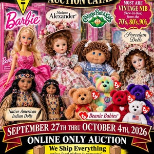 Pode incluir: Um catálogo de leilão da Simmons & Company Auctioneers com várias bonecas e itens colecionáveis, incluindo Barbie, Madame Alexander, Cabbage Patch Kids e Ty Beanie Babies. O texto mostra as datas do leilão de 27 de setembro a 4 de outubro de 2026.