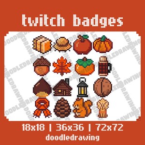 May include: A collection of sixteen pixel art Twitch badges featuring autumn themes including a hay bale, straw hat, apple, pumpkin, acorn, maple leaf, persimmon, thermos, chestnut, log cabin, lantern, walnut, scarf, pinecone, squirrel, and wheat.