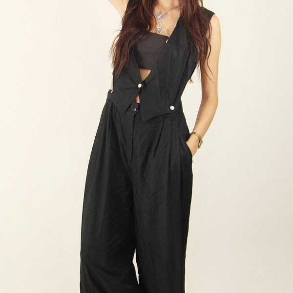 Vintage Jumpsuit 80s Glam Black Vest Jumper with Pockets