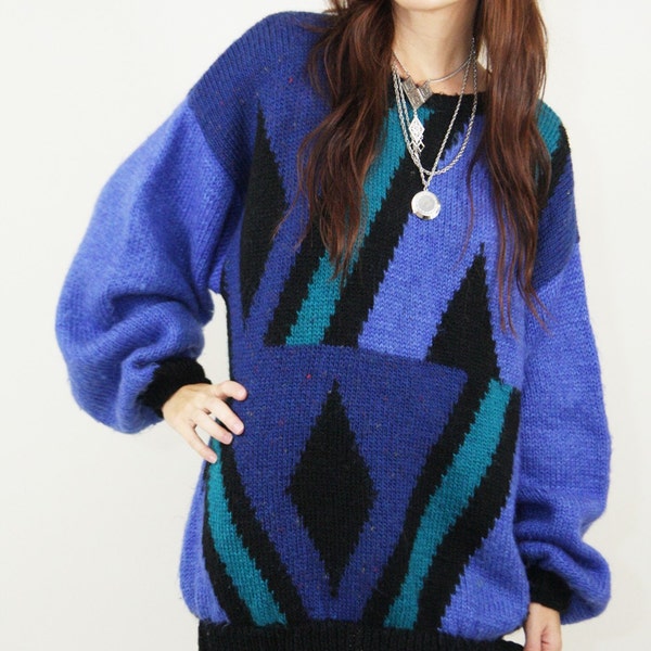 Vintage Sweater 80 Glam Slouch Oversized Blue Black and Teal Top