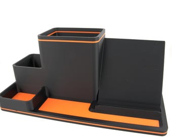 Desktop Organizer Caddy with Phone Stand – Black & Orange Multi-Compartment Office Desk Accessory
