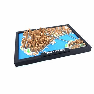 May include: A 3D model of New York City, featuring a detailed representation of the city's buildings and streets. The model is set against a blue background, framed in a black border, and includes a label that reads "New York City".