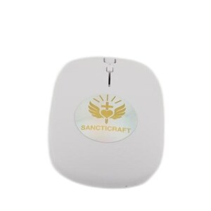 May include: A white wireless computer mouse with a rounded shape. The mouse features a gold emblem with a cross, wings, and rays of light, and the word "SANCTICRAFT" is printed below the emblem.