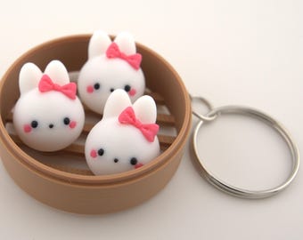 Bunny Dim Sum Keychain: Handmade Plastic Rabbit in Steamer