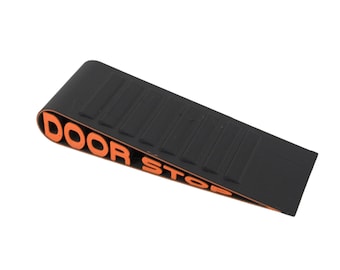 Heavy Duty Rubber Door Stop Wedge for Office School Home Commercial Use Anti Slip Black Industrial Design with Orange Safety Marking Text