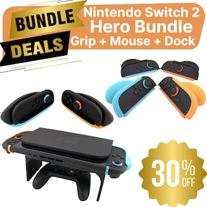 May include: A Nintendo Switch 2 Hero Bundle with a grip, mouse, and dock. The image shows black controllers with blue and orange accents, a black dock, and a 30% off gold starburst graphic. Text reads "Bundle Deals".