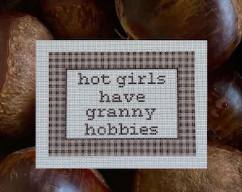 May include: A rectangular cross-stitch pattern on white fabric featuring a brown checkered border and the black text "hot girls have granny hobbies" centered in the middle, surrounded by a cluster of dark brown, smooth, round chestnuts.