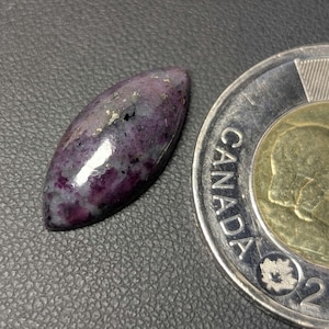 Puede incluir: Una gema pulida y alargada de color púrpura intenso, salpicada de inclusiones grises y negras. Una moneda canadiense de dos dólares sirve de referencia de tamaño. La forma de la gema es similar a un corte marquesa.