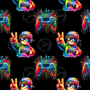Puede incluir: Patrón repetitivo de mandos de juego de colores arcoíris y avatares de dibujos animados con gorras y gafas de sol de Roblox, haciendo el signo de la paz. El diseño incluye salpicaduras de pintura coloridas sobre un fondo negro.