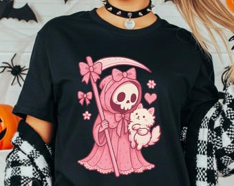 Cute Grim Reaper T-Shirt, Kawaii Skull Shirt, Softstyle Tee, Funny Halloween Gift, Pastel Goth Shirt, Cottagecore Halloween