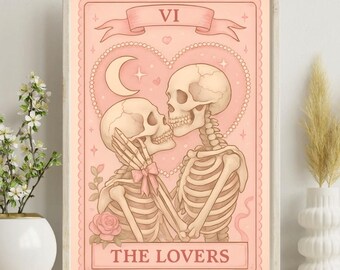 Gothic Romantic Tarot Card Print: Skeleton Lovers, Pink Witchy Decor (Digital Download)