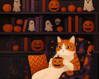 Halloween Cat PNG: Spooky Book Stack Digital Art (Digital Download