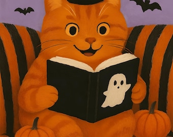 Halloween Cat PNG, Halloween Digital Art, Cute Cat Reading Art, Halloween Cat Book Wall Art, Halloween Book Lover, Halloween Cat Art
