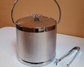 Serv Master Ice Bucket and Tongs, Flower Knob, Handle, Silver Mesh Exterior - Oak Hill Vintage