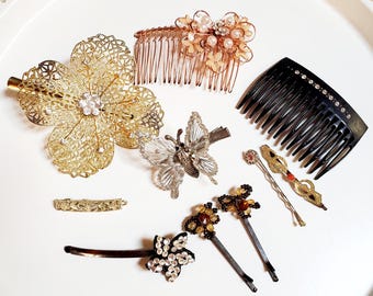 Hair Accessories Lot, Rhinestones, Filigree Flower, Fluttering Butterfly, Barrettes Combs Clip, Vintage