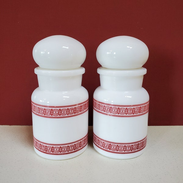 2 Small Milk Glass Jars, Apothecary, Made in Belgium, White with Red Trim - Oak Hill Vintage