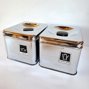 Coffee and Tea Chrome Canisters, Set made in USA, Mid Century 1950's, Vintage