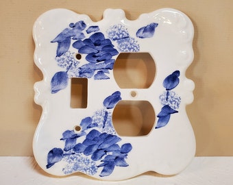 Ceramic Light Switch Cover, Blue White Floral, Hand Painted - Oak Hill Vintage