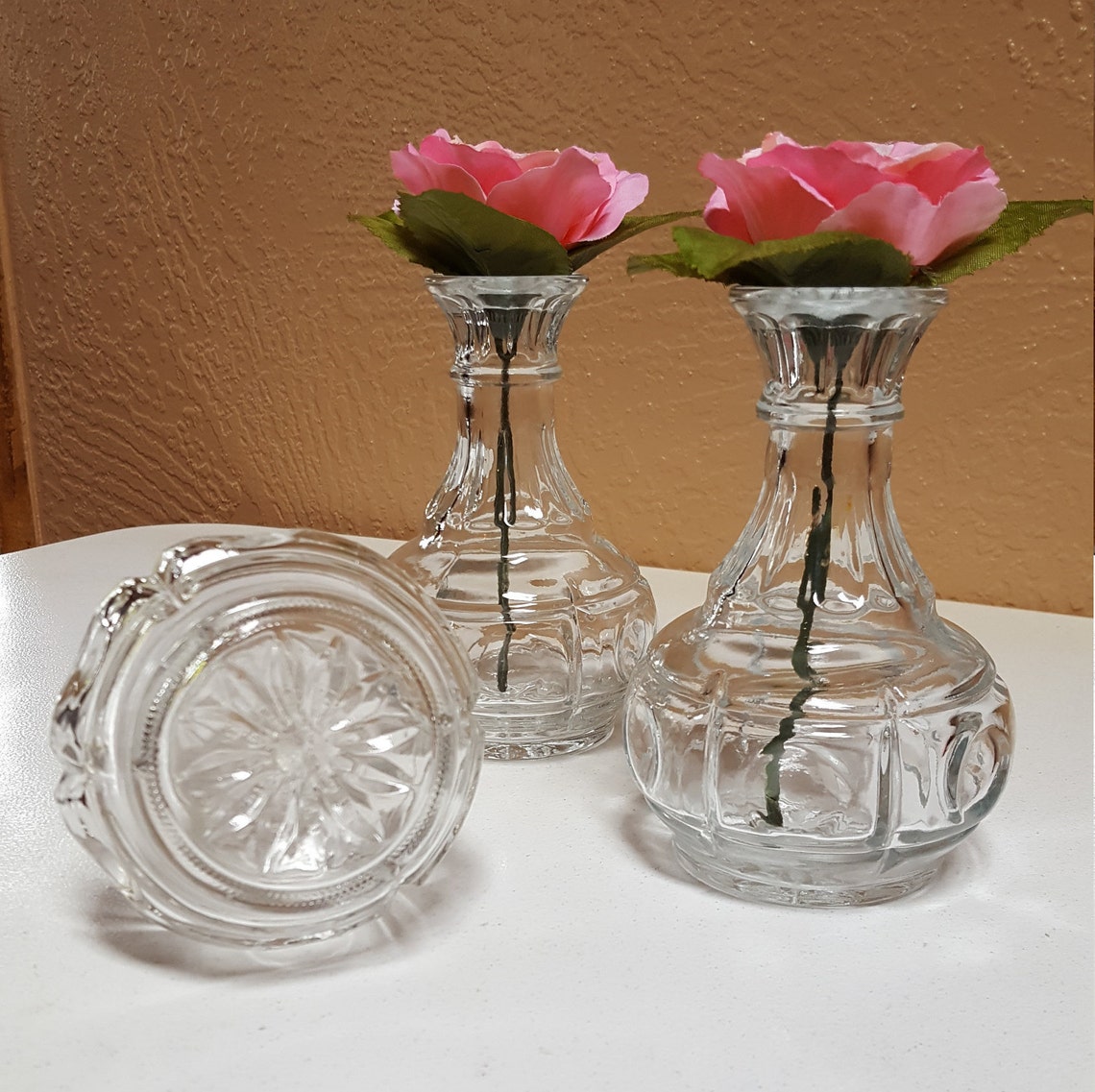 Trio of Clear Glass Pot Belly Bud Vases Circle Pattern Etsy