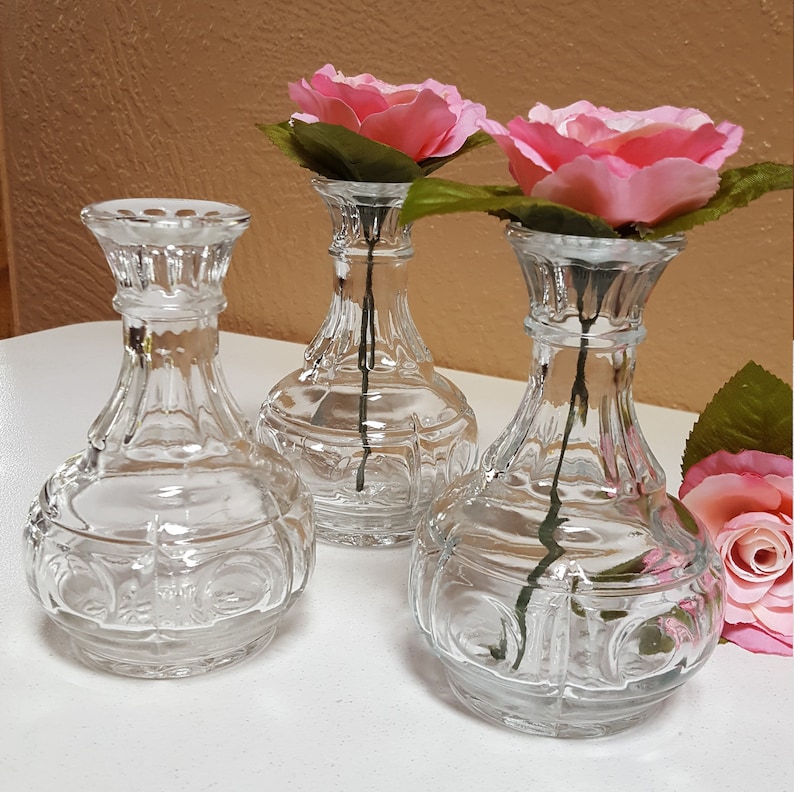 Trio of Clear Glass Pot Belly Bud Vases Circle Pattern Etsy
