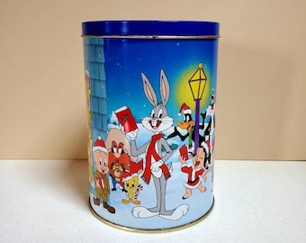 Bugs Bunny and Friends Christmas Tin, Brach's Jellies Canister, 1990 Collectible - Oak Hill Vintage