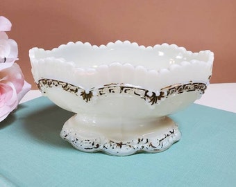 Antique Northwood Trinket Dish, Vanity Jewelry, Painted Gold Gilded, Off White Milk Glass - Oak Hill Vintage