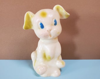 Squeak Toy, Rubber Sitting Dog, Puppy with Blue Eyes, Mid Century Vintage
