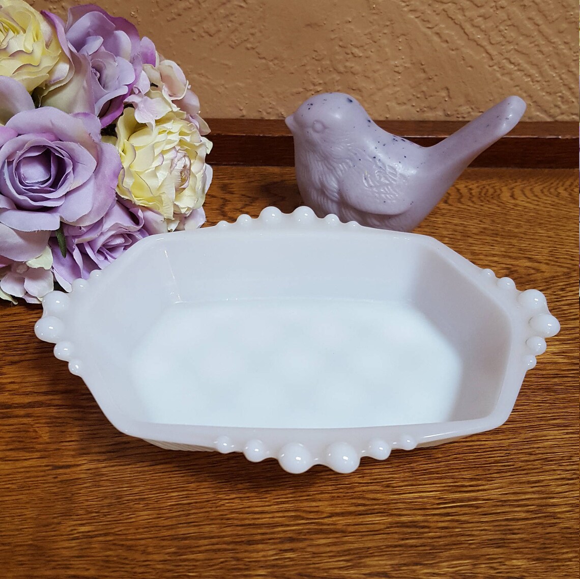 Beaded Milk Glass Soap Dish Trinket Dish Vanity Mini Tray Etsy