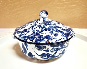 Enamelware Butter Dish, Tub with Lid, White with Cobalt Blue Splatter, Primitive Vintage