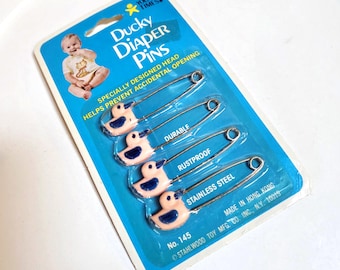 Ducky Diaper Pins, Pastel Pink Duck, Baby Care, Set of Four, Original Package, Vintage