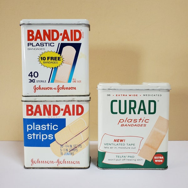 Choose ONE Bandage Metal Storage Tin, Collectible Box Hinged Lid, Made in USA, Band-Aid, Curad - Oak Hill Vintage