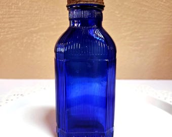 Cobalt Blue Ribbed Glass Bottle with Rusty Metal Lid, Milk of Magnesia or Medicine, Vintage