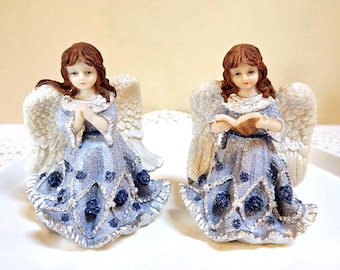 2 Christmas Angel Figurines, Blue Gown with Sparkles, Praying Bible Book - Oak Hill Vintage